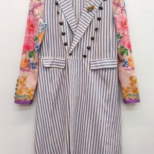 Aratta Sailor's Love Coat: Blue Striped Coat with Floral Sleeves